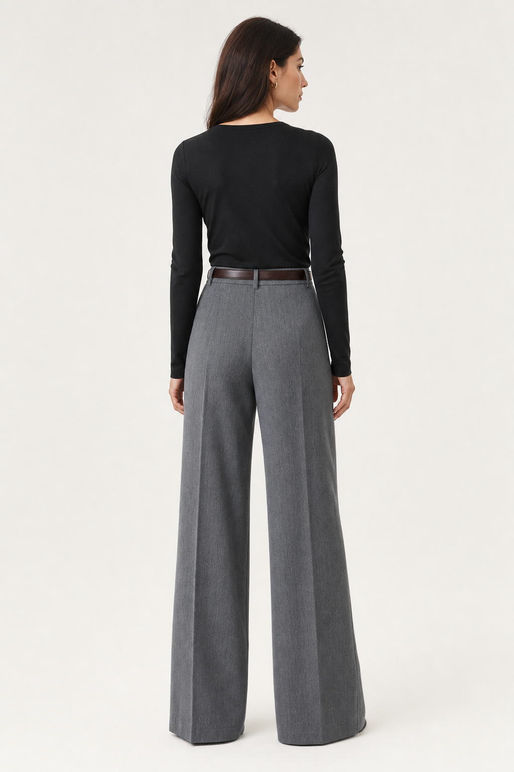 woven tailored wide leg trousers pleated belted, grey — second studio view
