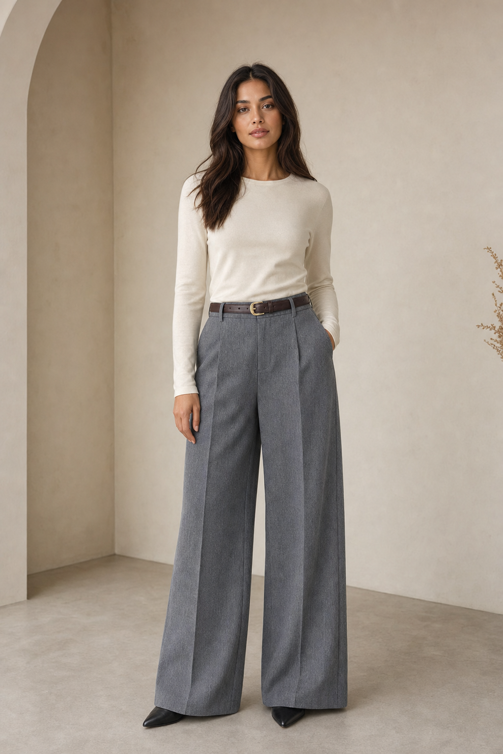 woven tailored wide leg trousers pleated belted, grey — worn, lifestyle setting