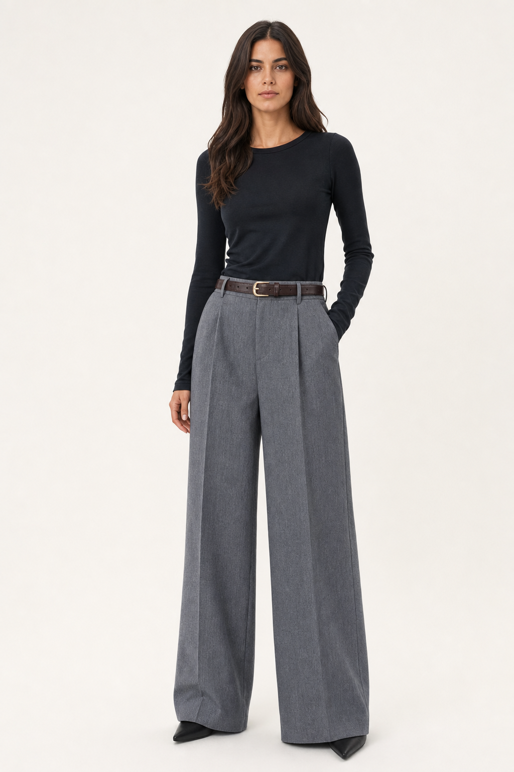 woven tailored wide leg trousers pleated belted, grey — front view