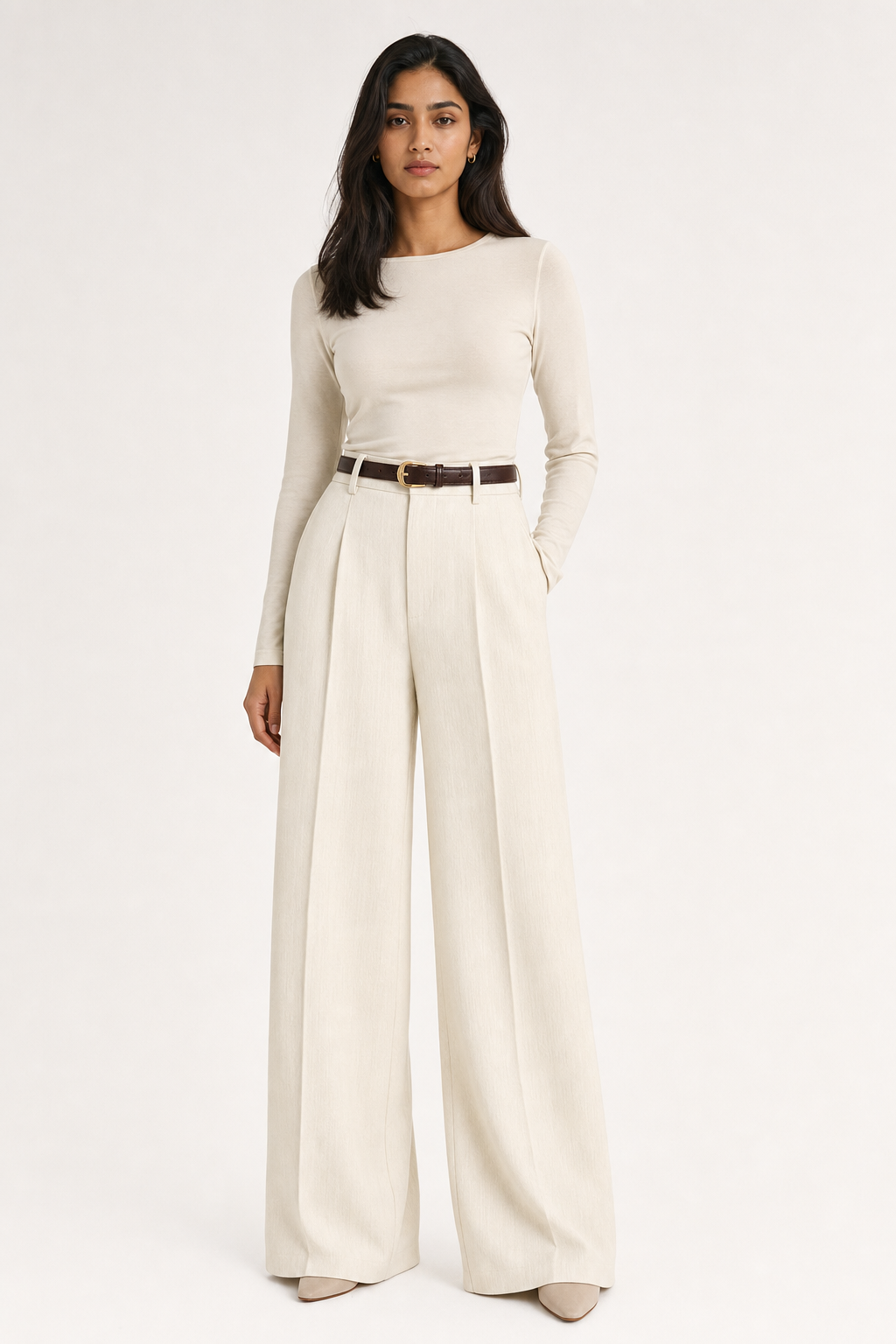 woven tailored wide leg trousers pleated belted, off-white — front view