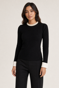 ribbed knit jumper pearl trim crew neck contrast cuff slim fit, black — front view