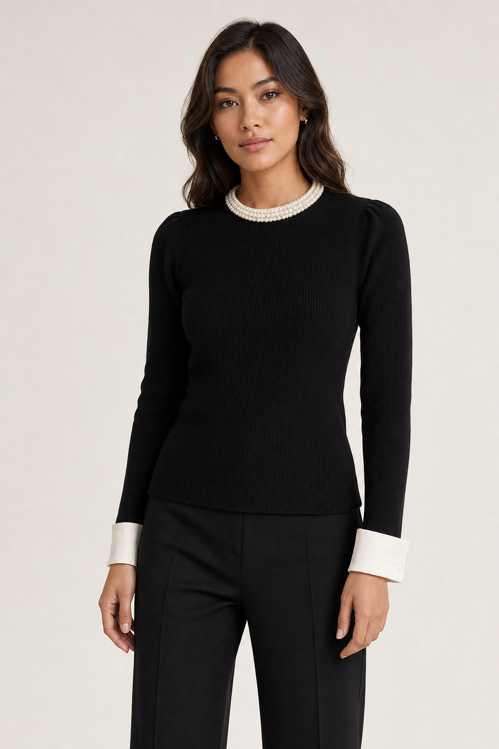 ribbed knit jumper pearl trim crew neck contrast cuff slim fit, black — front view