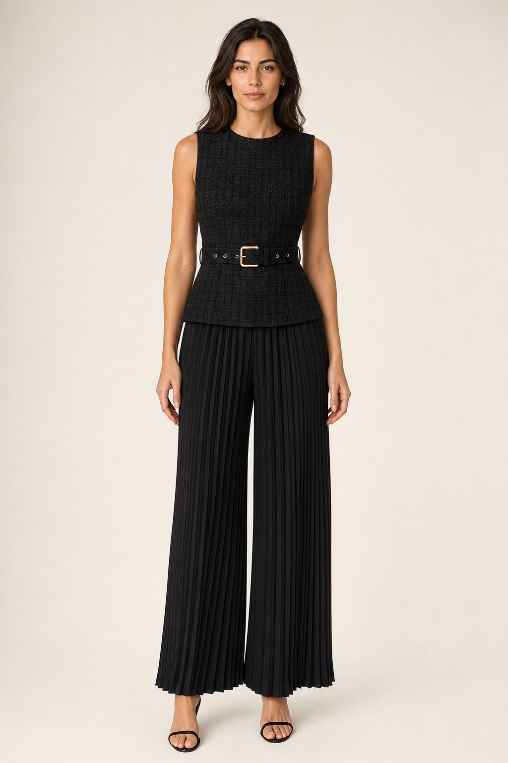 tweed belted waistcoat and pleated wide-leg trouser co-ord set sleeveless peplum, black — front view
