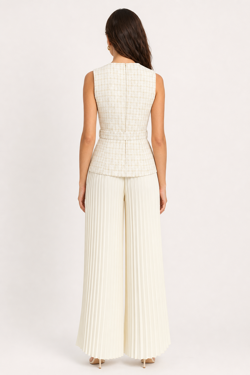 tweed belted waistcoat and pleated wide-leg trouser co-ord set sleeveless peplum, off-white — second studio view