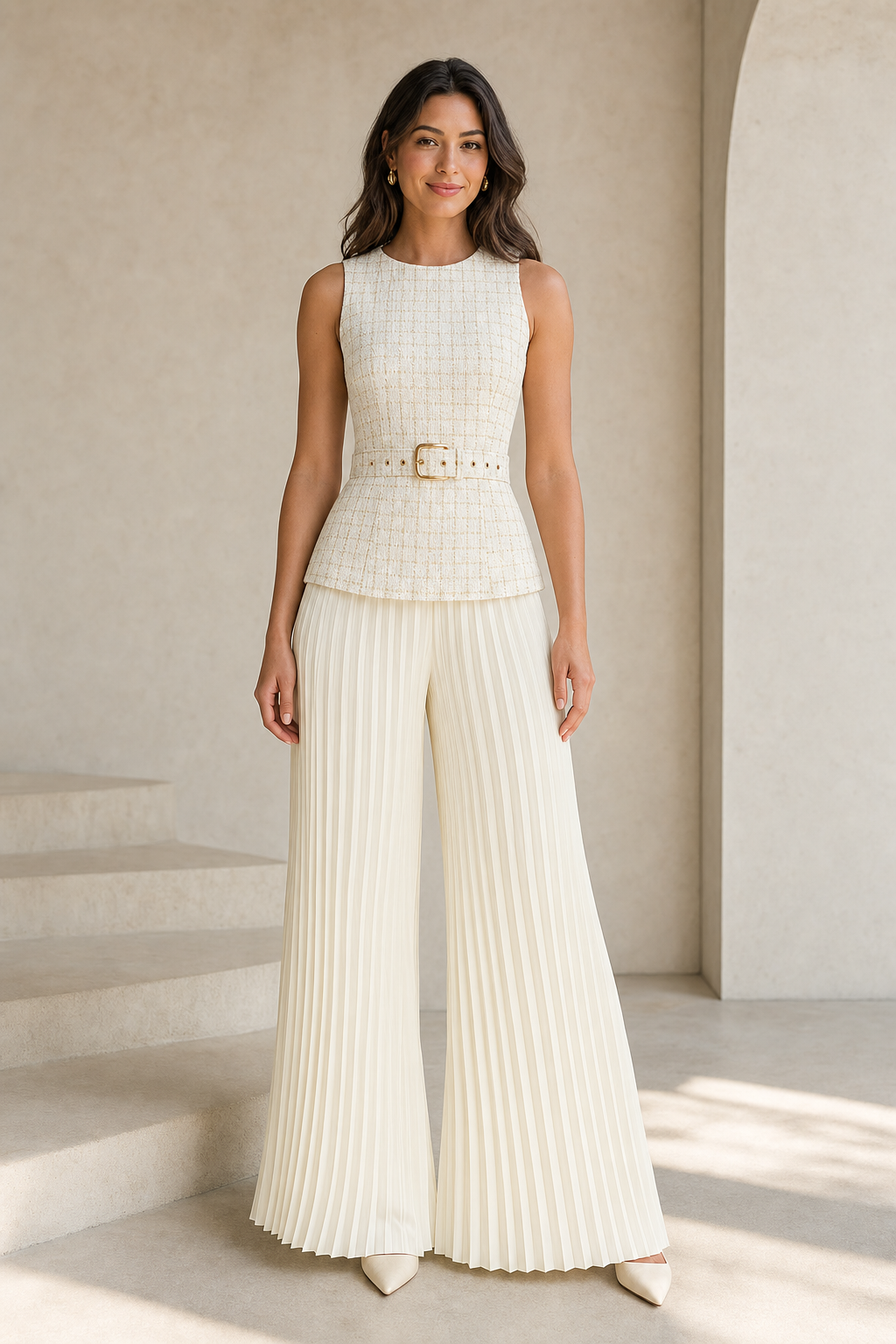 tweed belted waistcoat and pleated wide-leg trouser co-ord set sleeveless peplum, off-white — worn, lifestyle setting