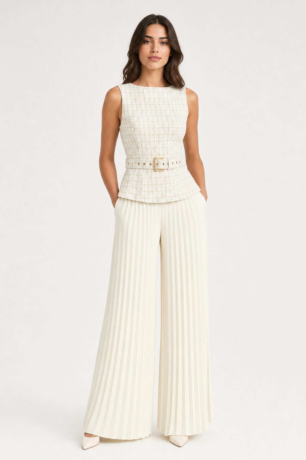 tweed belted waistcoat and pleated wide-leg trouser co-ord set sleeveless peplum, off-white — front view