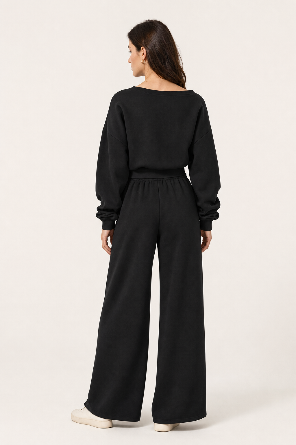 sweatshirt off-shoulder top and wide-leg drawstring trouser co-ord set cropped relaxed, black — second studio view