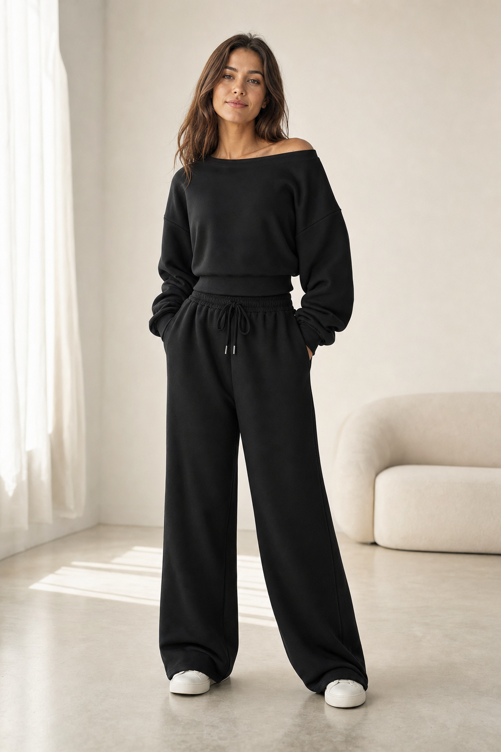 sweatshirt off-shoulder top and wide-leg drawstring trouser co-ord set cropped relaxed, black — worn, lifestyle setting