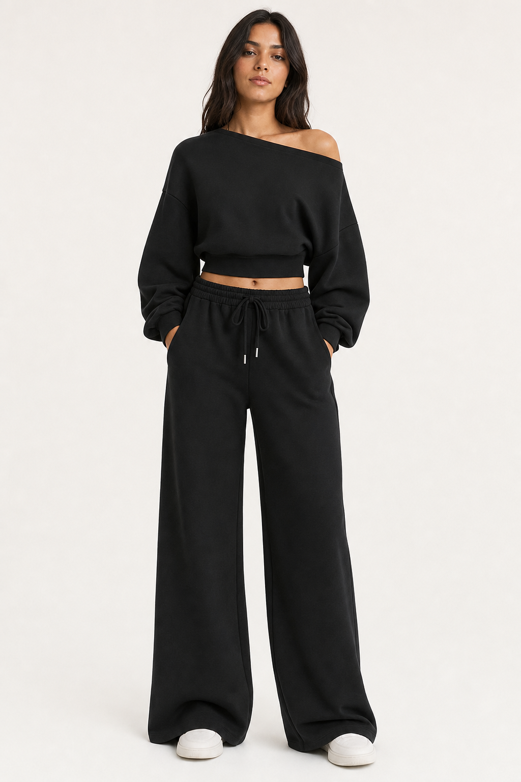 sweatshirt off-shoulder top and wide-leg drawstring trouser co-ord set cropped relaxed, black — front view
