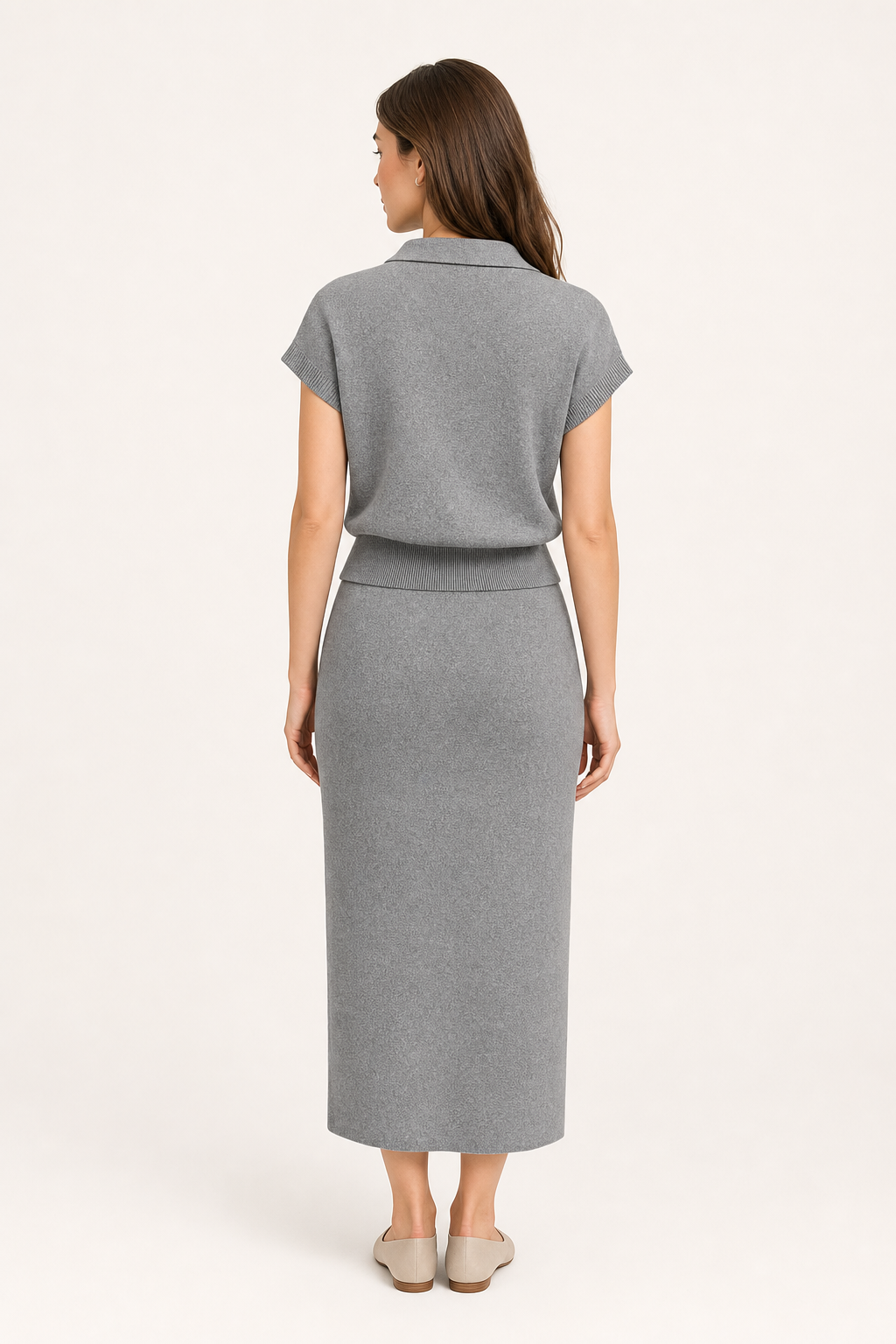 knit short-sleeve cardigan and maxi skirt co-ord set collared gold button flap pocket, grey — second studio view