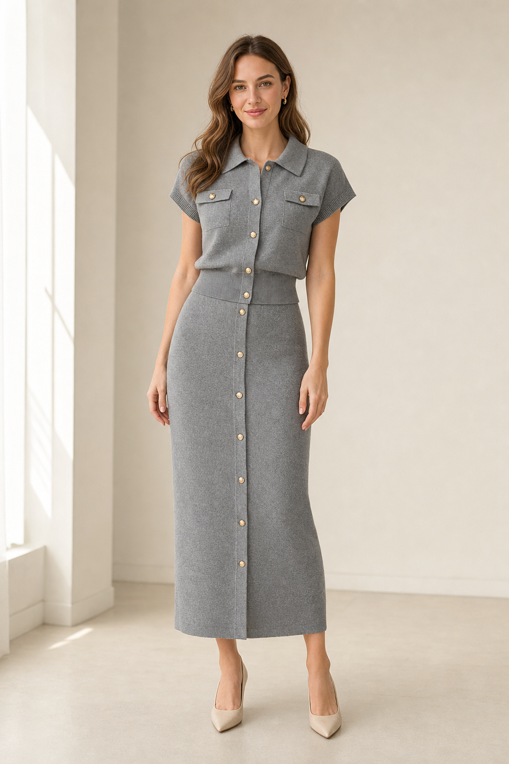 knit short-sleeve cardigan and maxi skirt co-ord set collared gold button flap pocket, grey — worn, lifestyle setting