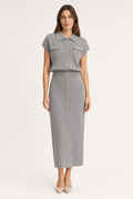 knit short-sleeve cardigan and maxi skirt co-ord set collared gold button flap pocket, grey — front view