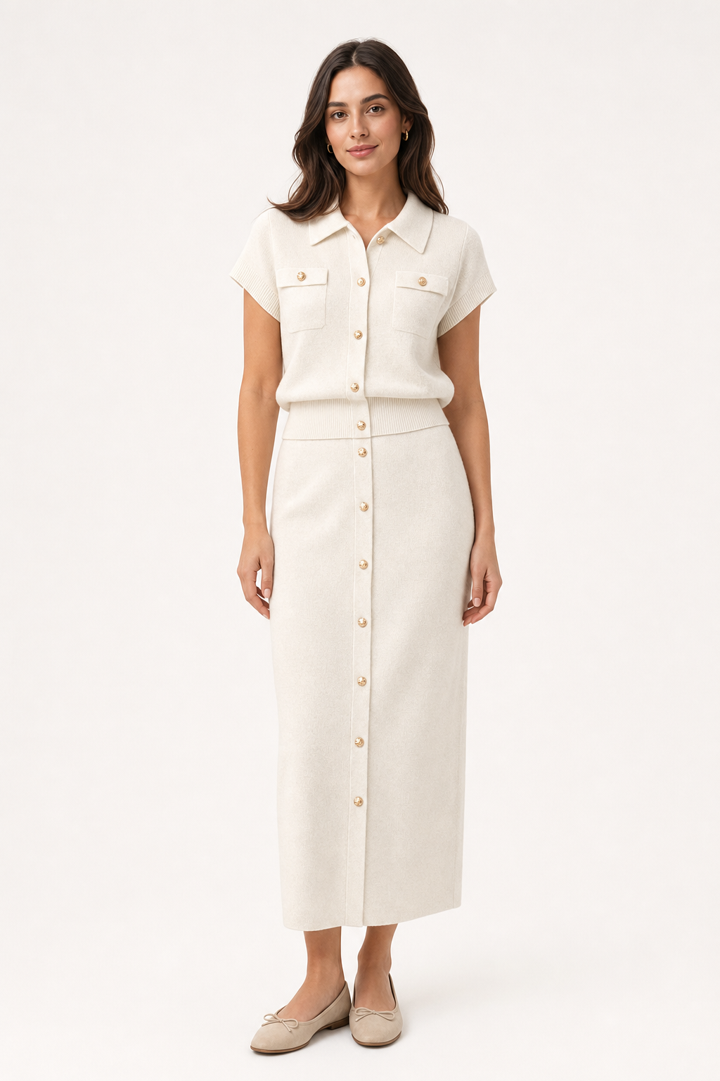 knit short-sleeve cardigan and maxi skirt co-ord set collared gold button flap pocket, off-white — front view