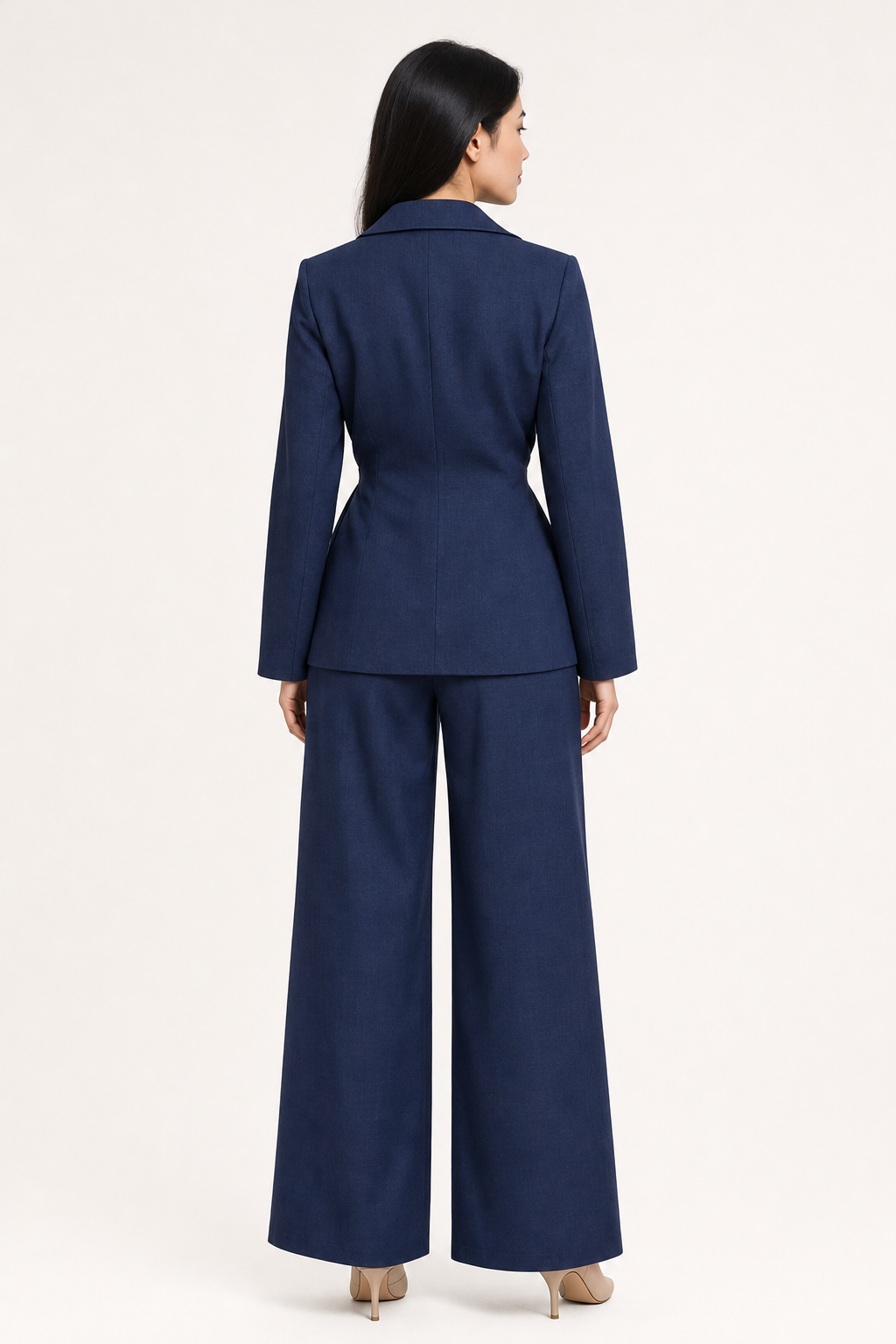 woven wrap blazer and wide-leg trouser co-ord set tie-waist notch lapel elasticated waist, navy — second studio view