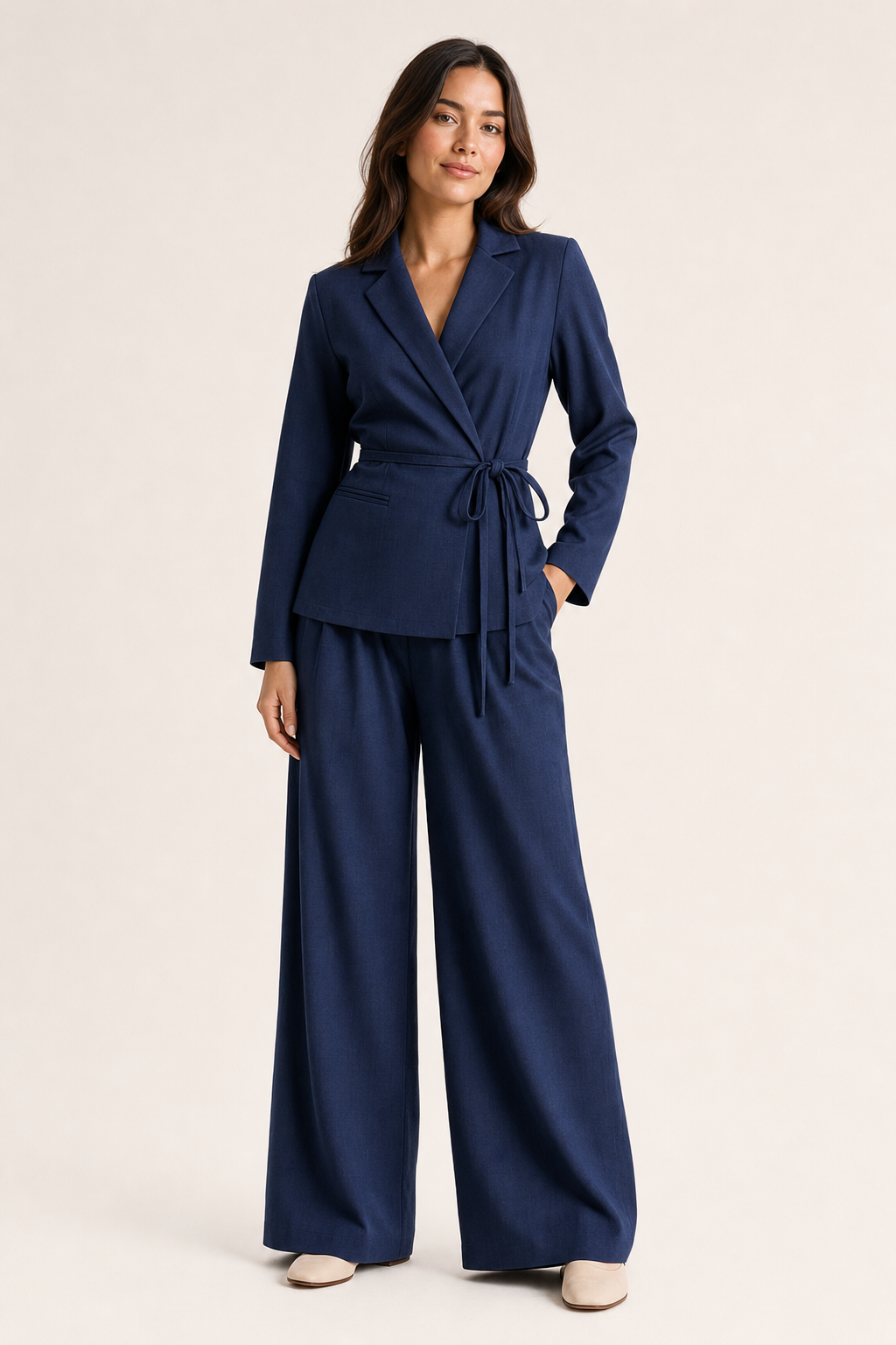 woven wrap blazer and wide-leg trouser co-ord set tie-waist notch lapel elasticated waist, navy — front view
