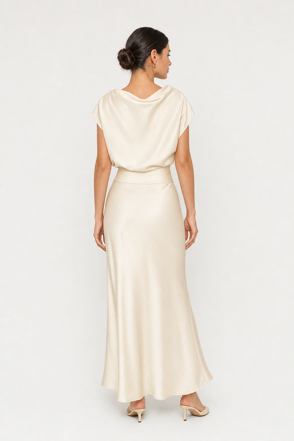 satin cowl neck top and bias-cut midi skirt co-ord set cap sleeve banded waist, champagne — second studio view