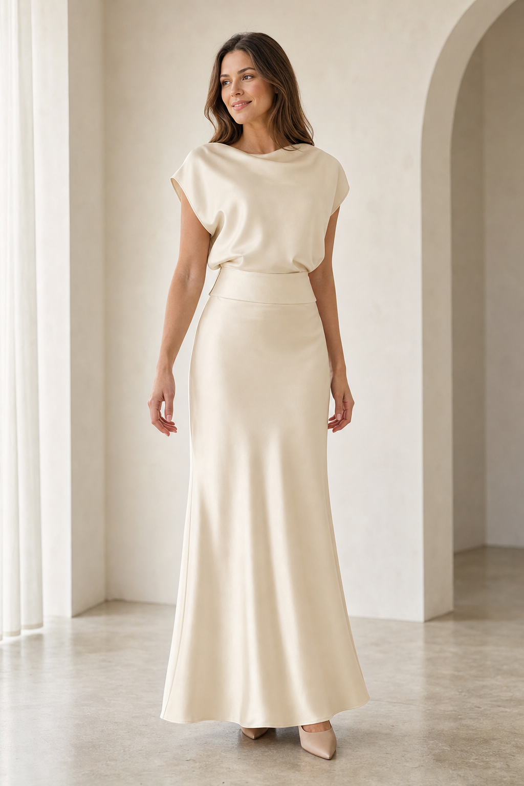 satin cowl neck top and bias-cut midi skirt co-ord set cap sleeve banded waist, champagne — worn, lifestyle setting