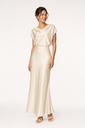 satin cowl neck top and bias-cut midi skirt co-ord set cap sleeve banded waist, champagne — front view