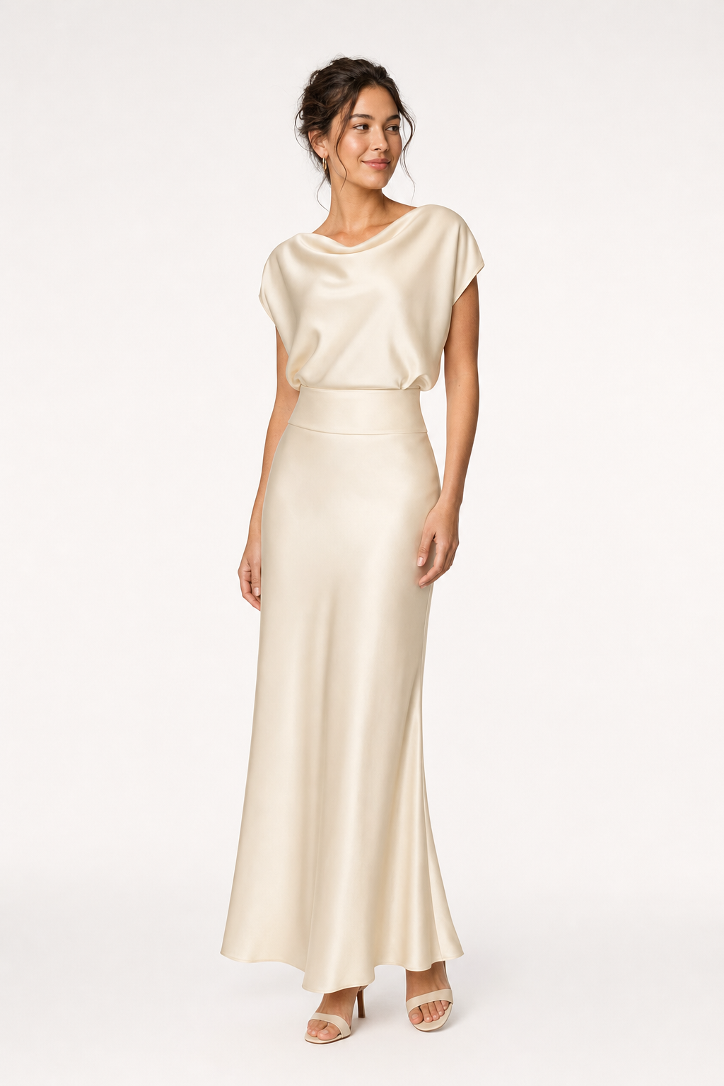 satin cowl neck top and bias-cut midi skirt co-ord set cap sleeve banded waist, champagne — front view