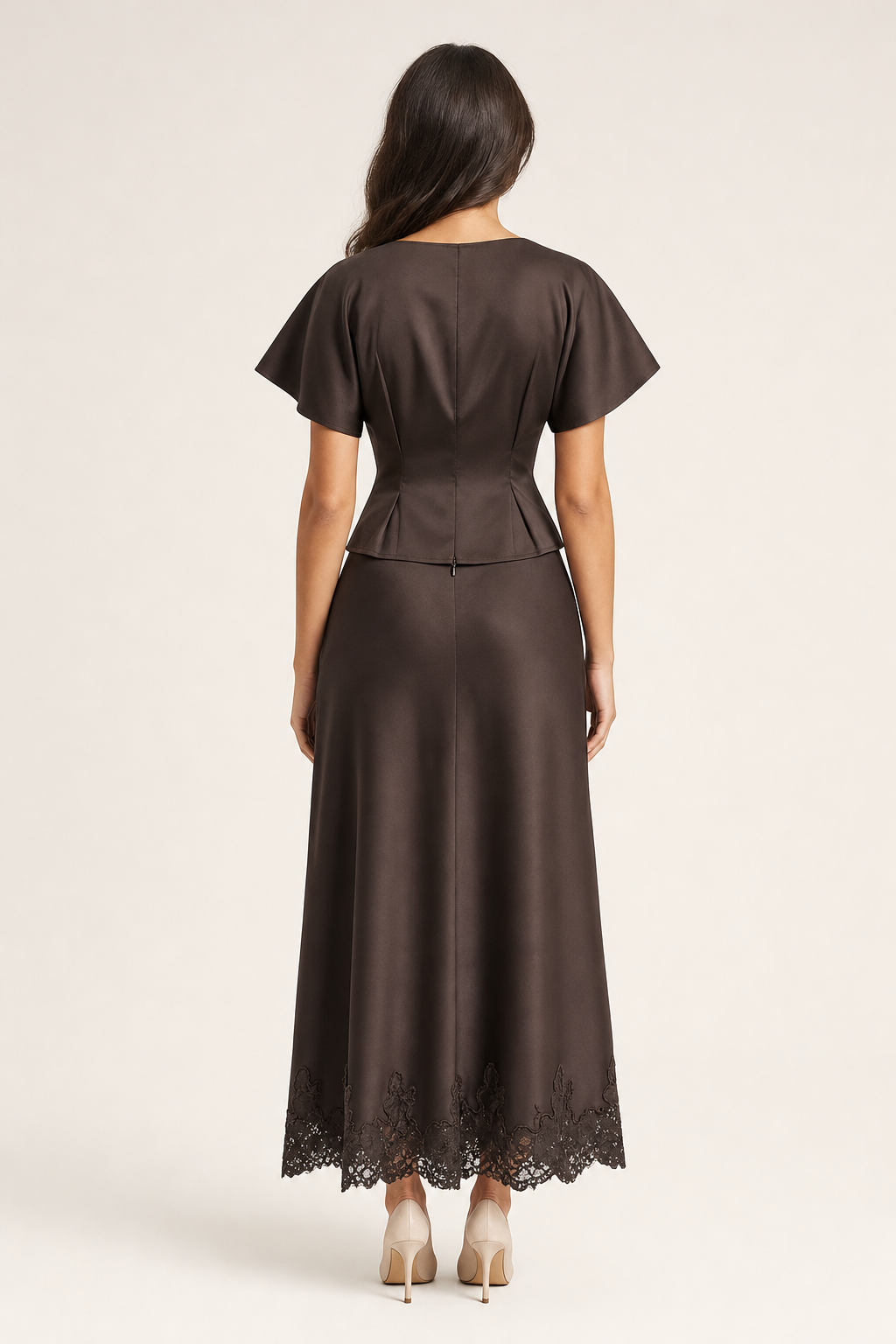 satin top and lace-trim midi skirt co-ord set boat neck flutter sleeve cinched waist, dark brown — second studio view