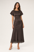 satin top and lace-trim midi skirt co-ord set boat neck flutter sleeve cinched waist, dark brown — front view