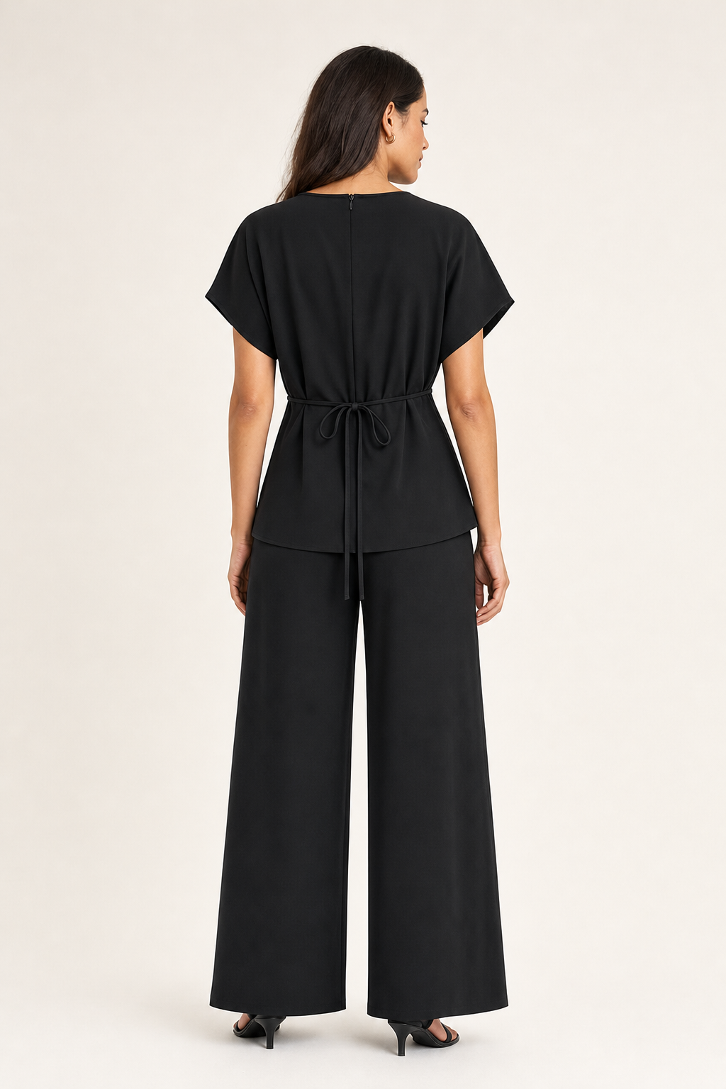 woven twist-front top and pleated wide-leg trouser co-ord set tie-back cap sleeve, black — second studio view