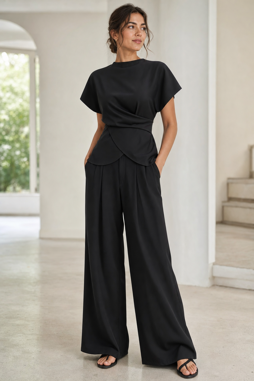 woven twist-front top and pleated wide-leg trouser co-ord set tie-back cap sleeve, black — worn, lifestyle setting