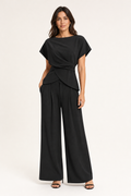 woven twist-front top and pleated wide-leg trouser co-ord set tie-back cap sleeve, black — front view