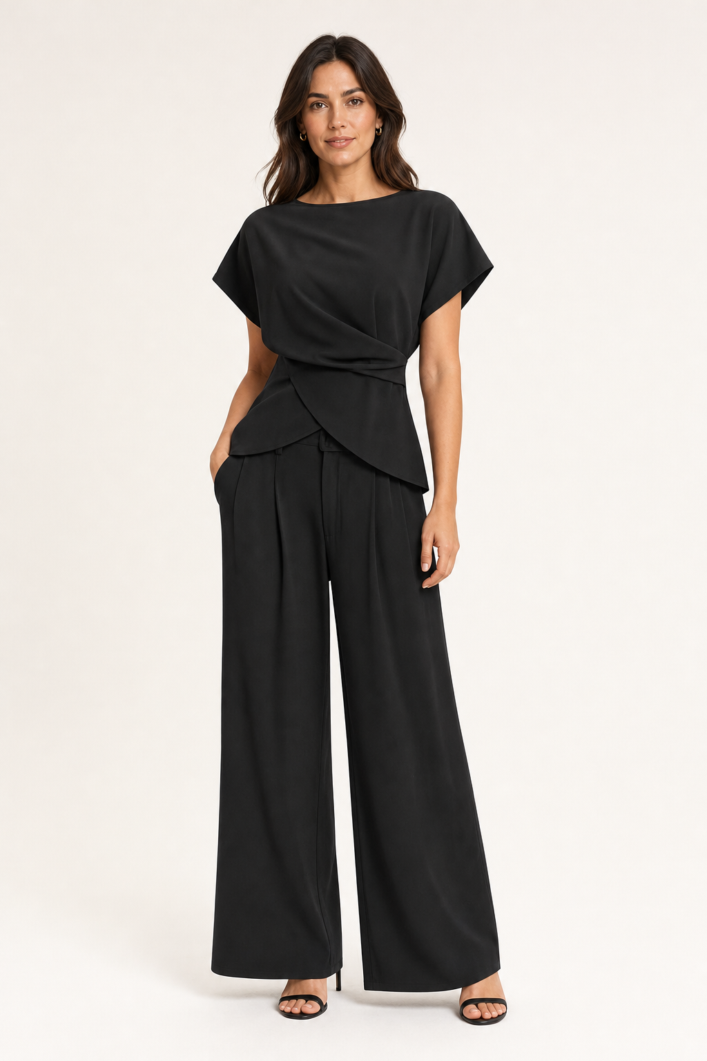 woven twist-front top and pleated wide-leg trouser co-ord set tie-back cap sleeve, black — front view