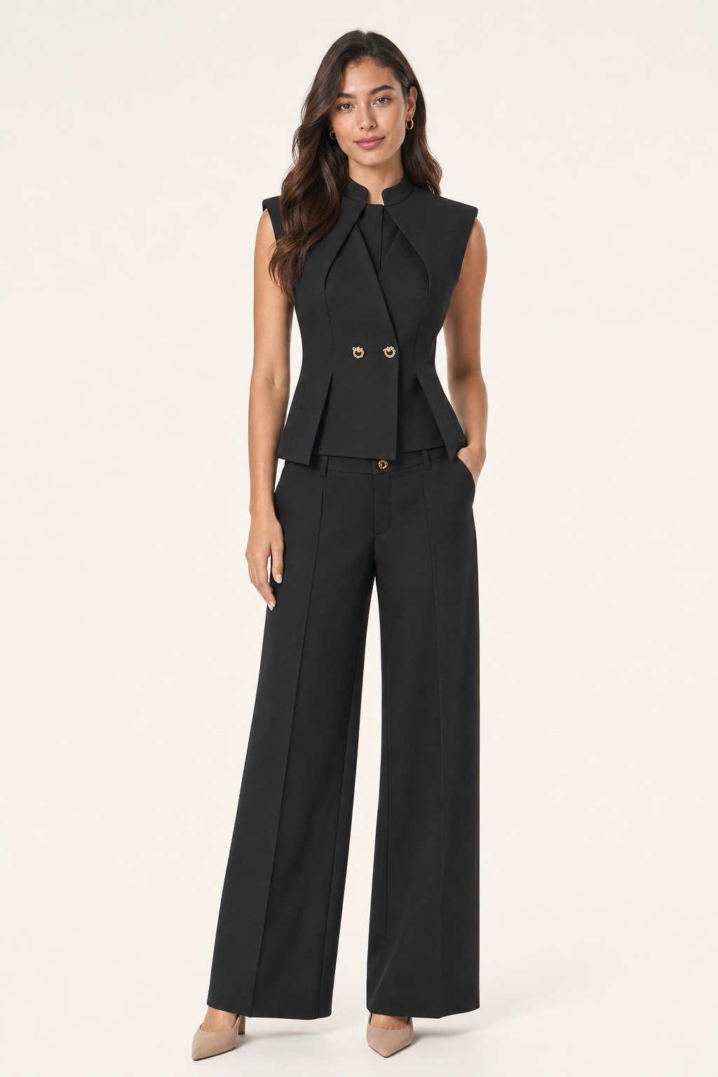 woven stand collar waistcoat and wide-leg trouser co-ord set sleeveless knot button, black — front view