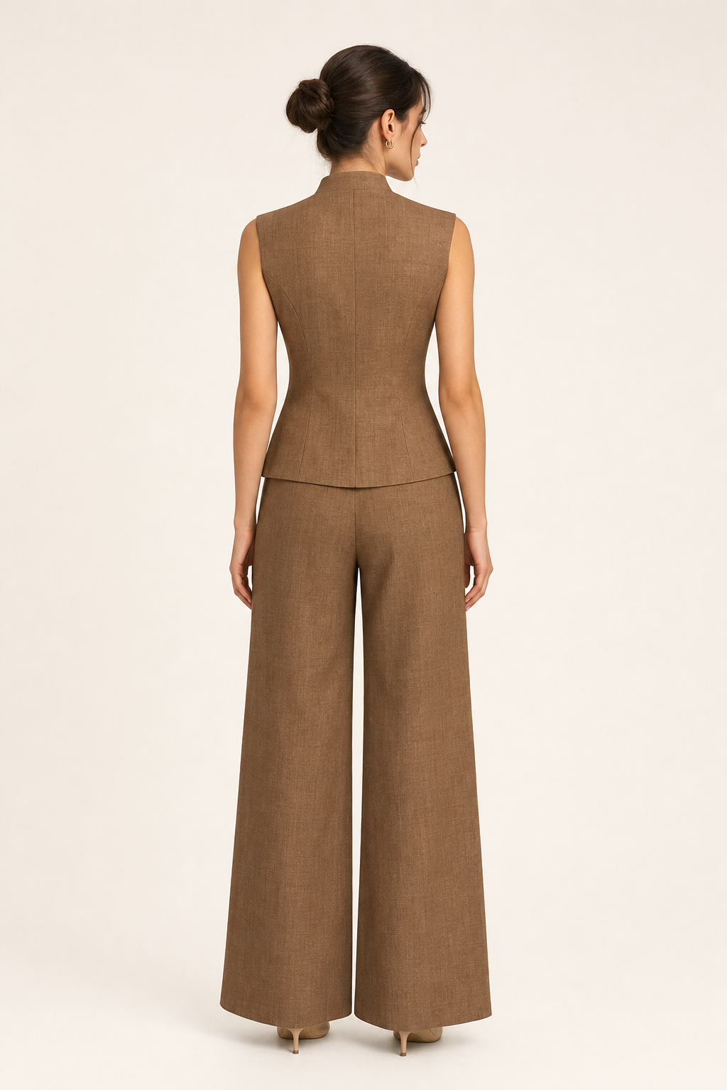 woven stand collar waistcoat and wide-leg trouser co-ord set sleeveless knot button, brown — second studio view