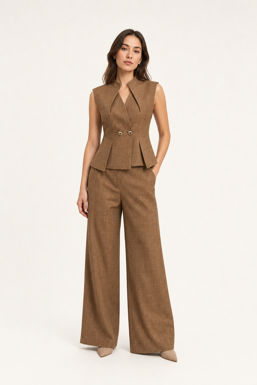woven stand collar waistcoat and wide-leg trouser co-ord set sleeveless knot button, brown — front view