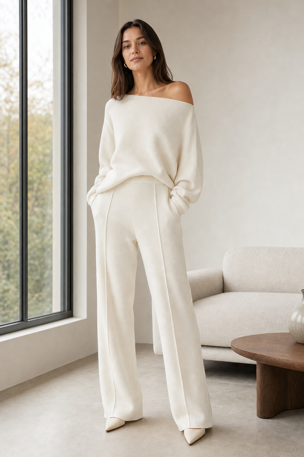 wool-blend knit asymmetric jumper and wide-leg trouser co-ord set one-shoulder ribbed, ivory — worn, lifestyle setting