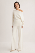wool-blend knit asymmetric jumper and wide-leg trouser co-ord set one-shoulder ribbed, ivory — front view