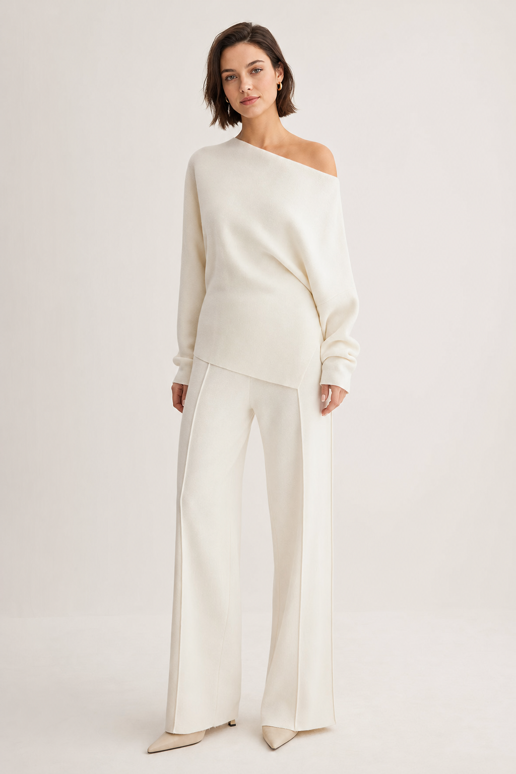 wool-blend knit asymmetric jumper and wide-leg trouser co-ord set one-shoulder ribbed, ivory — front view