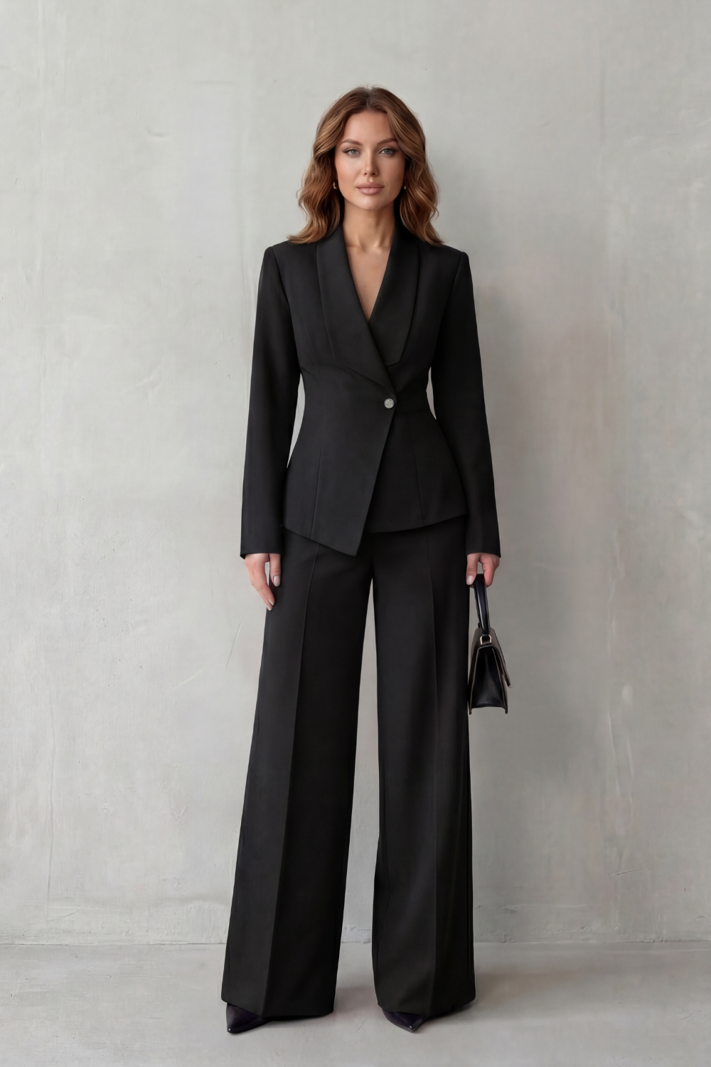 woven cinched blazer and wide-leg trouser co-ord set asymmetric hem single button, black - worn view