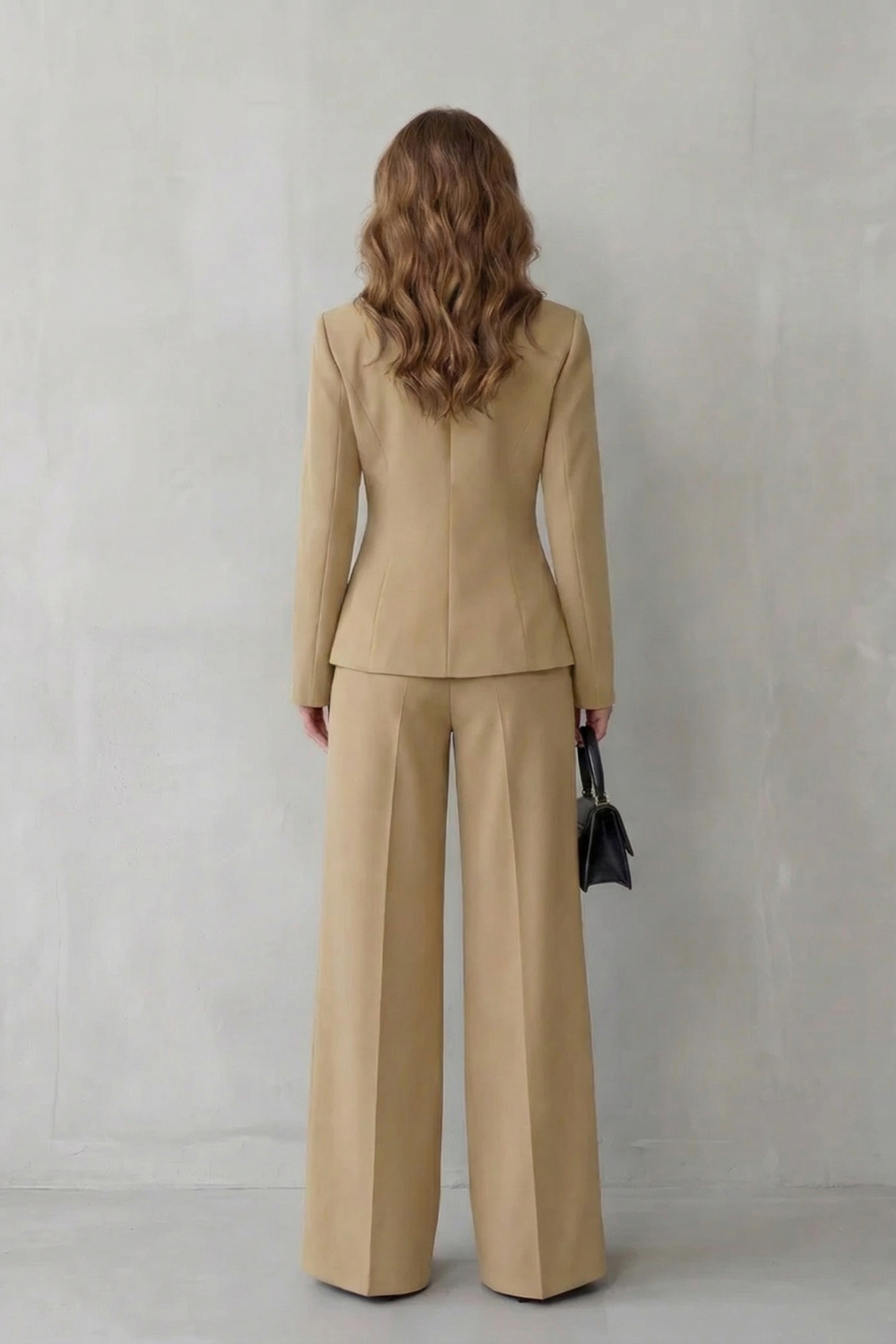 woven cinched blazer and wide-leg trouser co-ord set asymmetric hem single button, camel - worn view