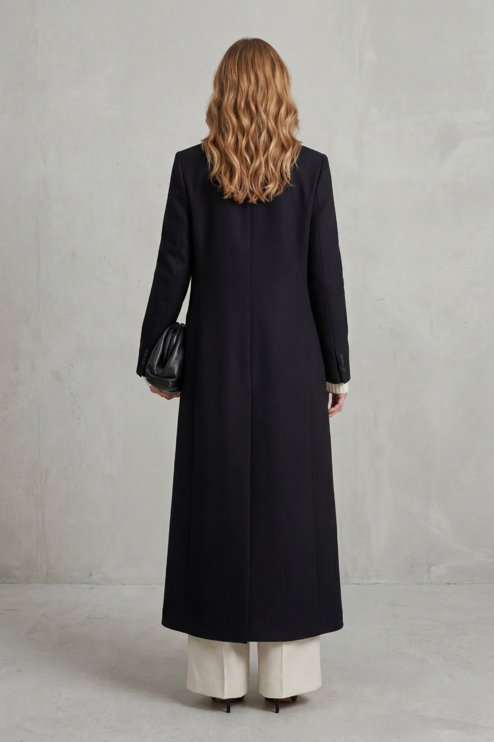 woven longline double-breasted coat notch lapel floor-grazing, black - worn view