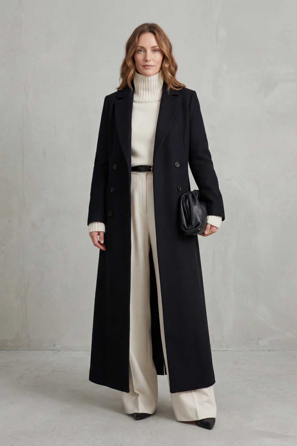 woven longline double-breasted coat notch lapel floor-grazing, black - worn view