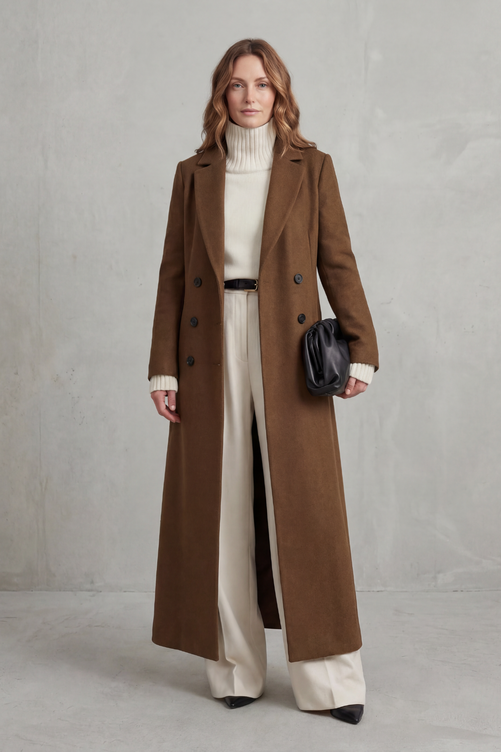 woven longline double-breasted coat notch lapel floor-grazing, brown - worn view