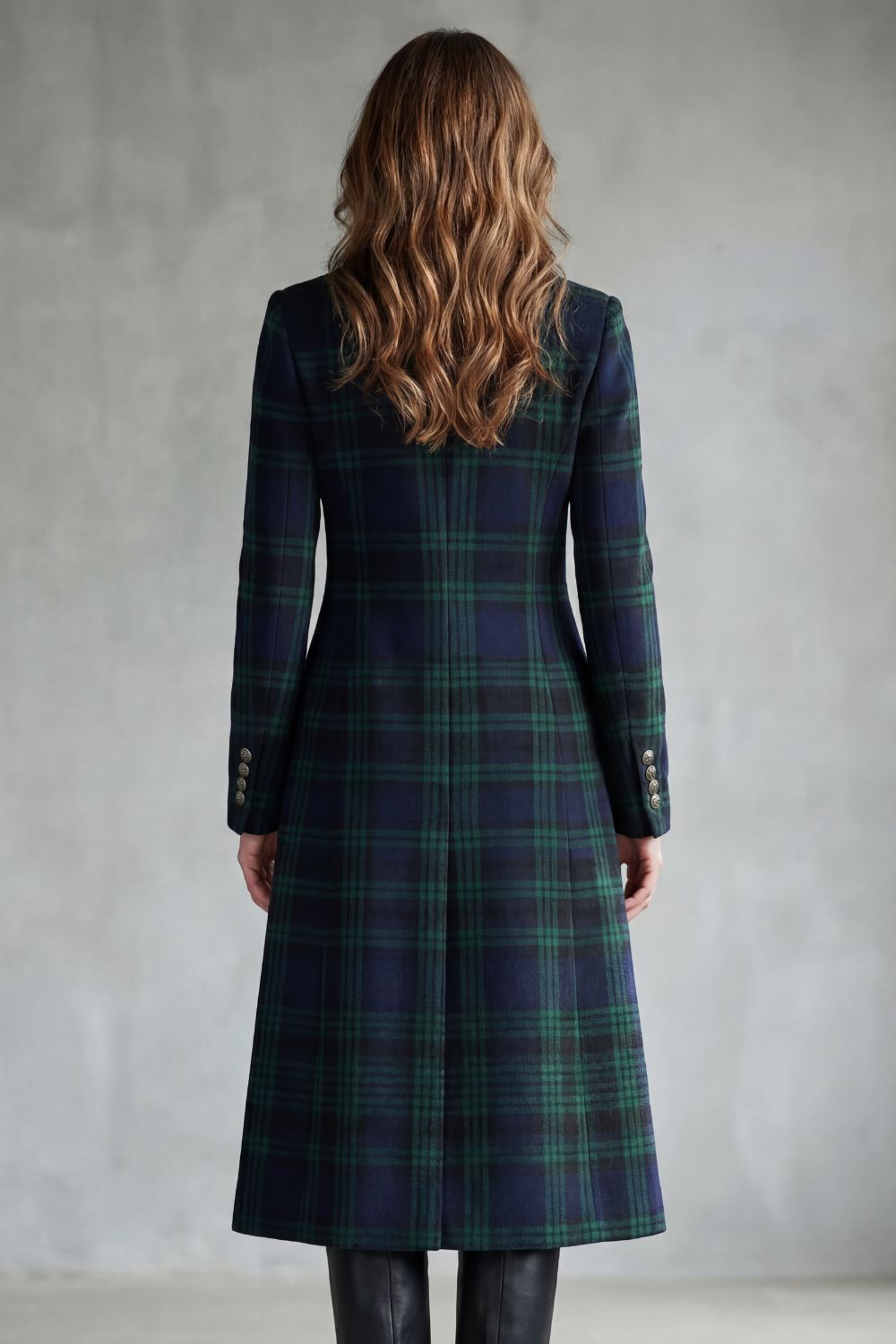 woven fitted long coat tartan check stand collar crest buttons flared skirt, blackwatch tartan - worn view
