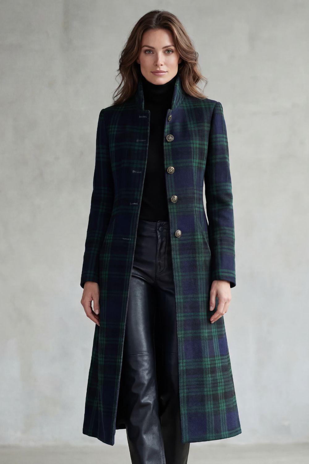 woven fitted long coat tartan check stand collar crest buttons flared skirt, blackwatch tartan - worn view