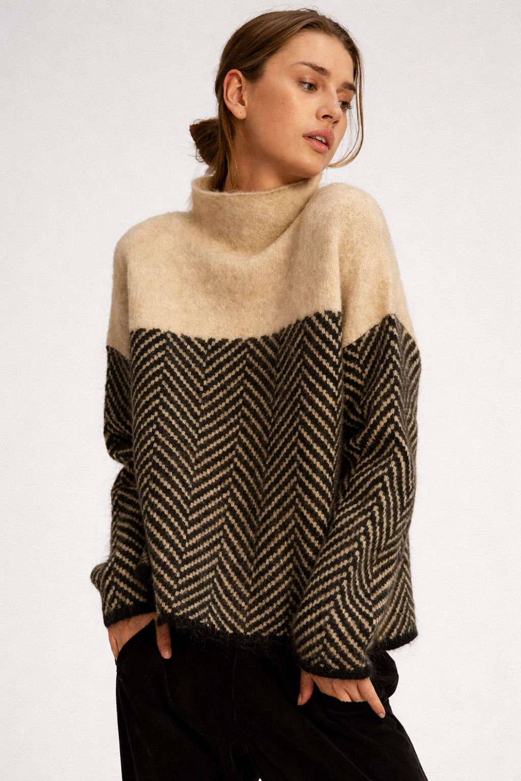 knit funnel-neck sweater two-tone herringbone drop shoulder black edging relaxed fit, beige - worn view