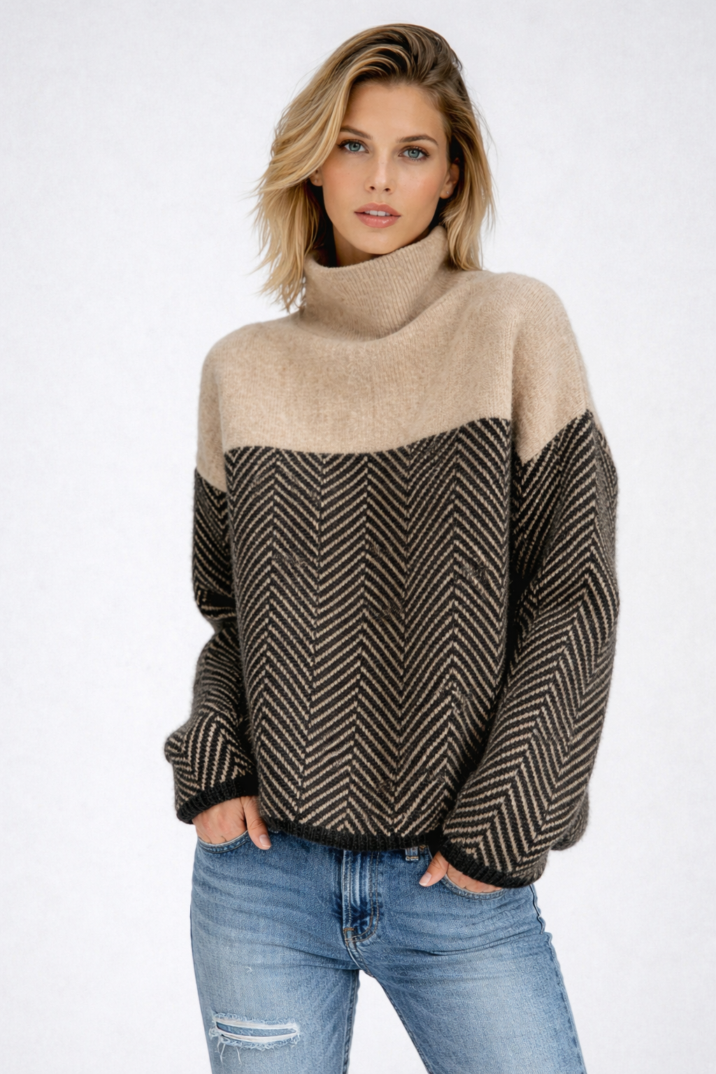 knit funnel-neck sweater two-tone herringbone drop shoulder black edging relaxed fit, beige - worn view