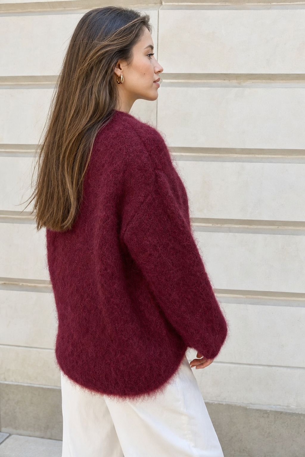knit oversized crew-neck sweater soft brushed texture drop shoulder relaxed fit, burgundy - worn, full-length view