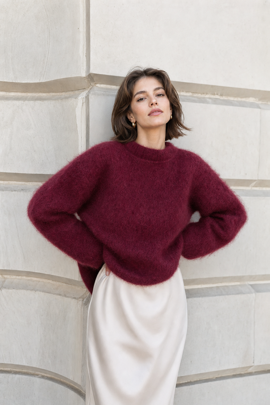 knit oversized crew-neck sweater soft brushed texture drop shoulder relaxed fit, burgundy - front view