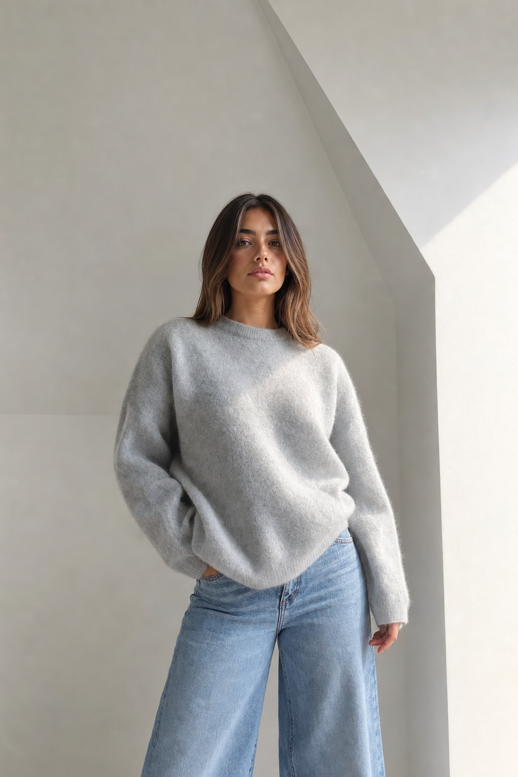 knit oversized crew-neck sweater soft brushed texture drop shoulder relaxed fit, grey - front view