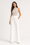 woven high-waisted wide-leg trousers front fastening centre crease full length, white - front view