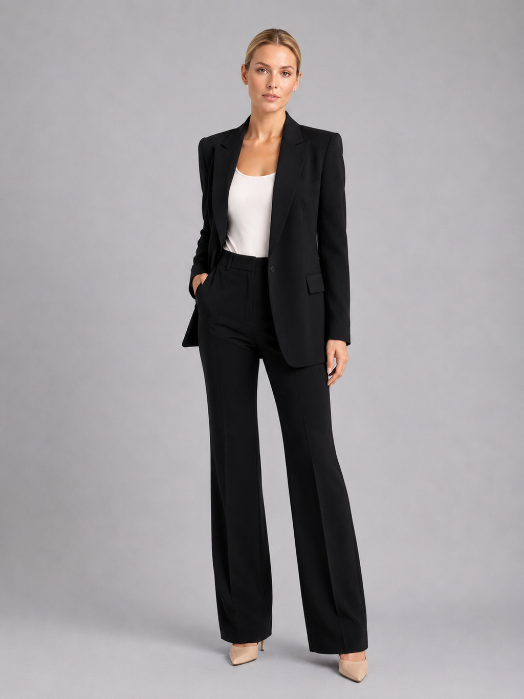 woven tailored single-button blazer and high-waist trouser co-ord set notch lapel flap pockets, black - worn view