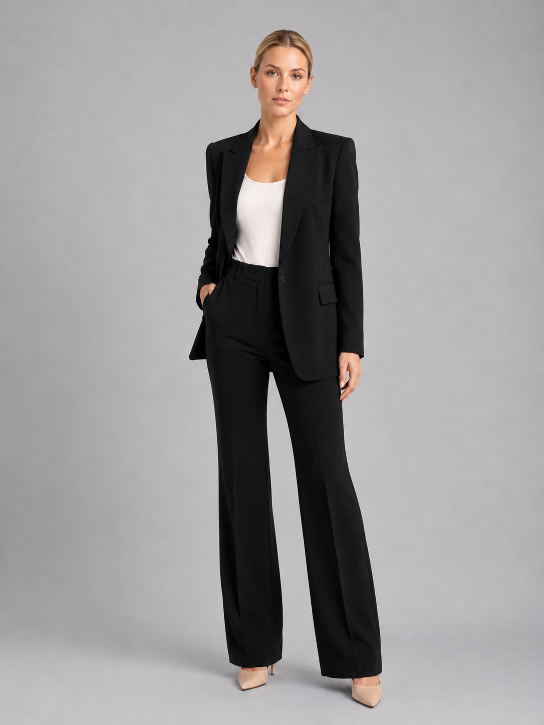 woven tailored single-button blazer and high-waist trouser co-ord set notch lapel flap pockets, black - worn view